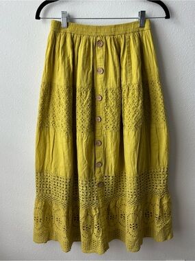 Naoo Women’s Button-Front Eyelet Midi Skirt in Mustard